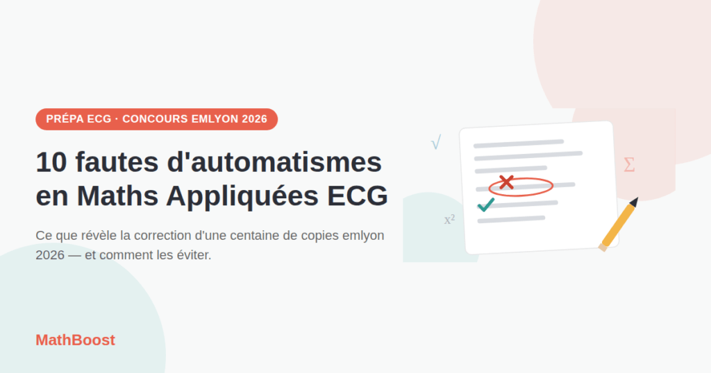 Illustration d'une copie de mathématiques corrigée, avec une faute entourée en rouge, pour l'article sur les 10 fautes d'automatismes en Maths Appliquées ECG (emlyon 2026)