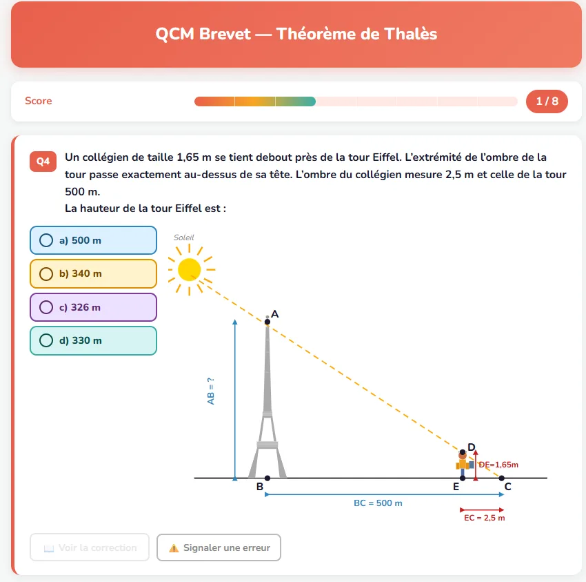 QCM Brevet sur le théorème de Thalès : un collégien de 1,65 m dont l'ombre mesure 2,5 m, l'ombre de la tour Eiffel mesure 500 m ; quatre réponses proposées pour la hauteur de la tour : 500 m, 340 m, 326 m, 330 m.